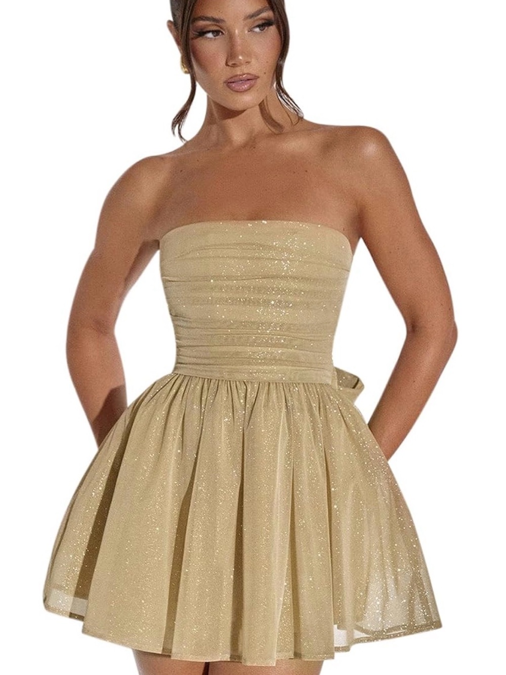 Strapless Gold Glitter Tulle Mini Dress